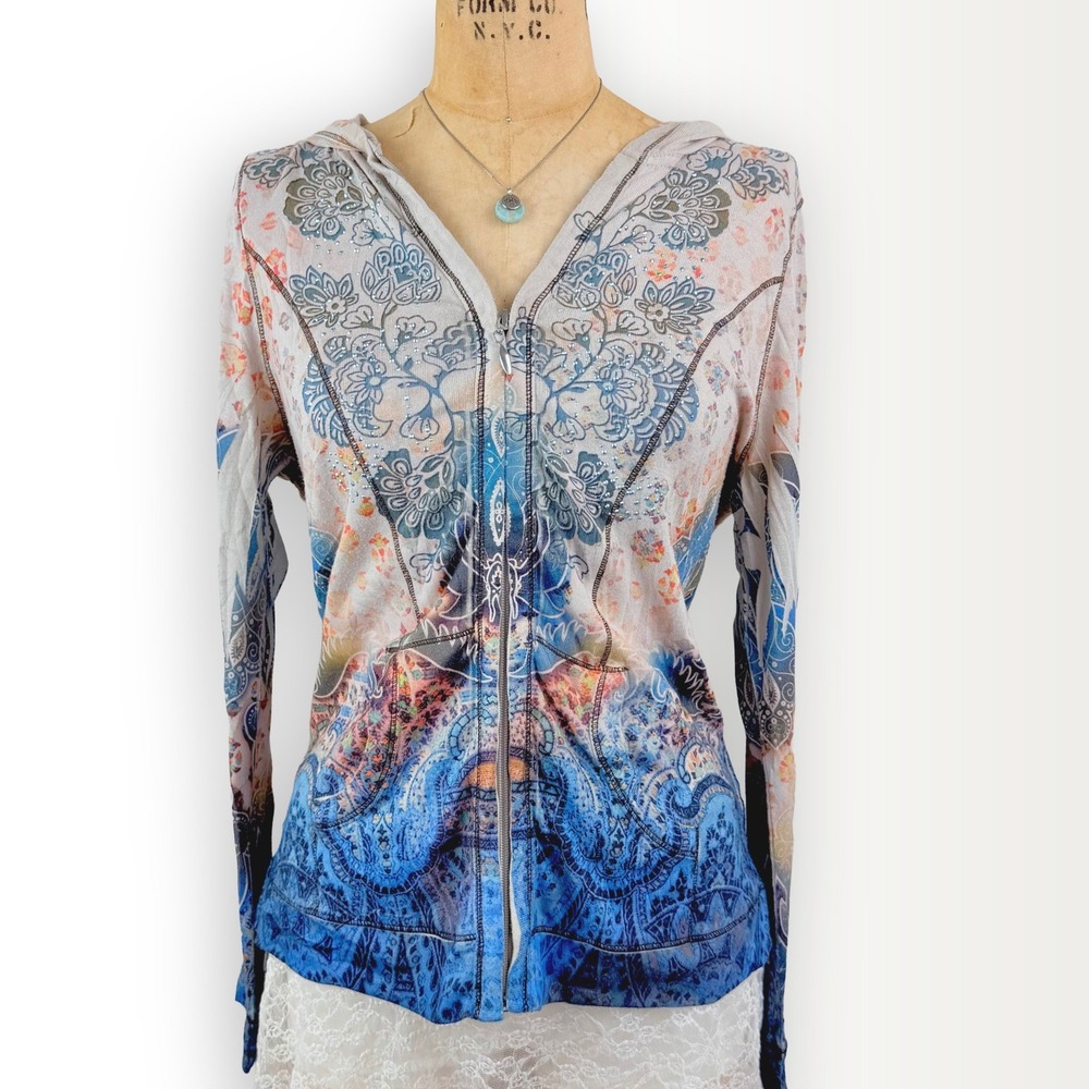 Y2K Womens L Blue Sheer Zip Hoodie Rhinestone Mandala Boho Fairy Streetwear